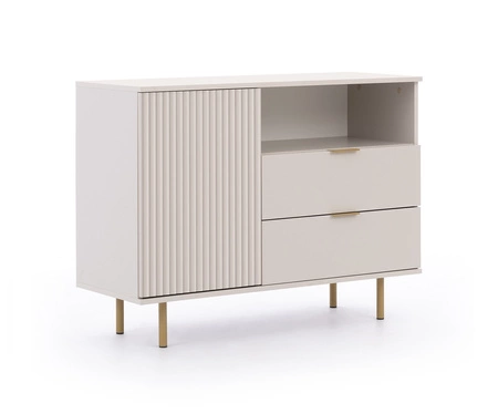 Kommode Sula 107 cm beige elegante und funktionelle Kommode mit dekorativer geriffelter Front, die mit Metallgriffen verziert ist