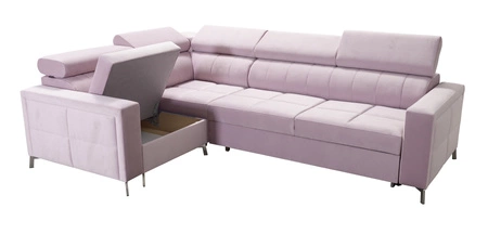 Nausa II Ecksofa mit Schlaffunktion puderrosa links Samt Ziernähte auf der Sitzfläche Ecksofa mit Bettzeugbehälter