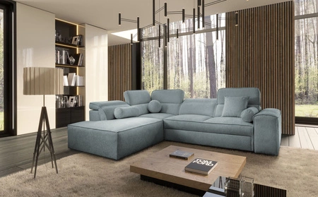 Ecksofa mit Schlaffunktion Viano VII grau blau links modisches und stilvolles Ecksofa mit verstellbaren Kopfstützen Zierkissen