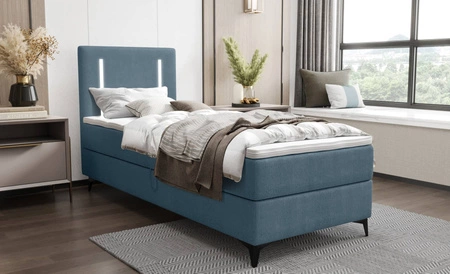 Boxspringbett Norco 90x200 blau stilvolles Bett mit Staukasten Beleuchtung im Kopfteil fügt eine einzigartige Note