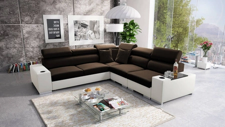 Ecksofa mit Schlaffunktion Provo III braun / weiß rechtes Ecksofa mit Bettzeugablage und verstellbaren Kopfstützen