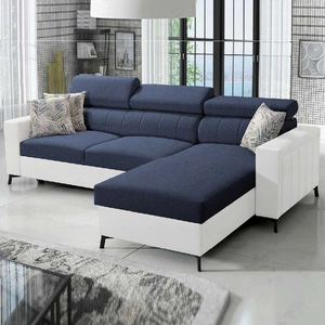 Ecksofa mit Schlaffunktion Savona navy blau / weiß rechts elegantes Ecksofa mit verstellbaren Kopfstützen Ziernähte