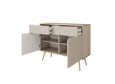 Kommode Luxury 107 cm beige stilvolle Kommode mit kannelierten Fronten Korpus mit goldener Zierleiste goldene Metallbeine gekrönt