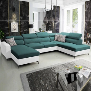 Ecksofa mit Schlaffunktion Savona VI türkis/weiß links elegantes und bequemes Ecksofa für Wohnzimmer zwei Container für Bettzeug