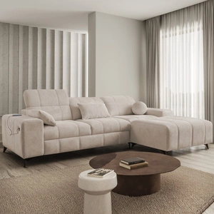 Ecksofa mit Schlaffunktion Penejos beige rechts elegantes Ecksofa mit Bettzeugablage bequem verstellbare Kopfstützen