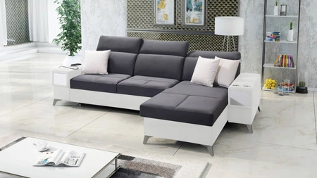 Ecksofa mit Schlaffunktion Elgin graphit / weiß rechtes Ecksofa mit verstellbaren Kopfstützen praktische Schubladen in den Möbelseiten