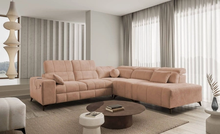 Ecksofa mit Schlaffunktion Penejos IX lachsfarbe rechts stilvolles Ecksofa mit Bettzeugcontainern komfortable verstellbare Kopfstützen
