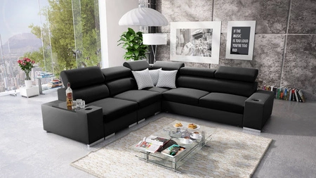 Ecksofa mit Schlaffunktion Provo III schwarz links Ecksofa mit Bettzeugablage und verstellbaren Kopfstützen