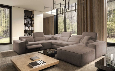 Ecksofa mit Schlaffunktion Viano VIII Lux hellbraun rechts Design-Ecksofa mit ausziehbarem Fußteil Bettzeug-Container