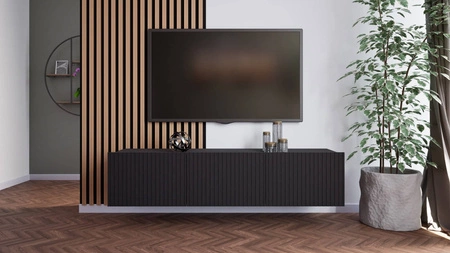 RTV Schrank Colder 150 cm schwarz mit Möglichkeit der Aufhängung stilvolle geriffelte Front elegante Form der Möbel in einem modernen Stil