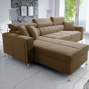 Ecksofa mit Schlaffunktion Nausa hellbraun linkshändig Samt stilvoll bequemes Ecksofa verstellbare Kopfstützen Bettzeug Container