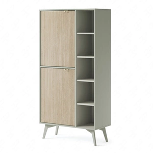 Bücherregal Wald 80 cm Eukalyptus / Beige Fischgrät skandinavisches Design stabil hohe Beine Bücherregal mit Türen für Wohnzimmer geschmackvolles Fischgrätenmuster