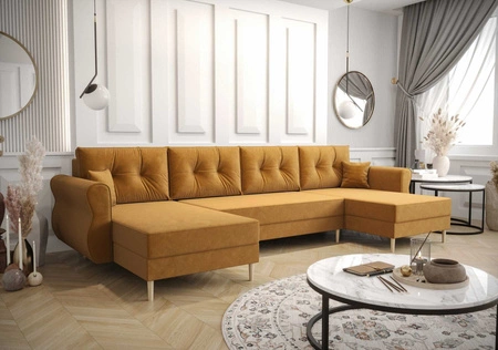 Ecksofa mit Schlaffunktion Wilkins U Senf komfortables Ecksofa weicher Stoff modernes Design, das sich in jede Einrichtung einfügt