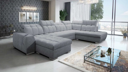 Ecksofa mit Schlaffunktion Luigi VI grau linke Seite stilvolles Ecksofa mit Bettzeugcontainer mit weichem Stoff bezogen