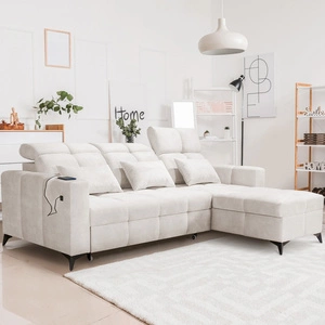 Ecksofa mit Schlaffunktion Laredo cremefarben rechte Seite komfortables und stilvolles Ecksofa mit Bettzeugcontainer