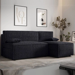 Ecksofa mit Schlaffunktion Brandon schwarz rechte Seite weicher Stoff mit charakteristischer Schlingenoberfläche Bettzeugbehälter