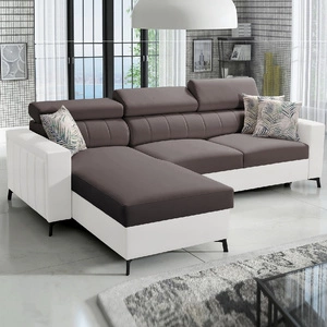 Ecksofa mit Schlaffunktion Savona braun/weiß links elegantes Ecksofa mit verstellbaren Kopfstützen Ziernähte