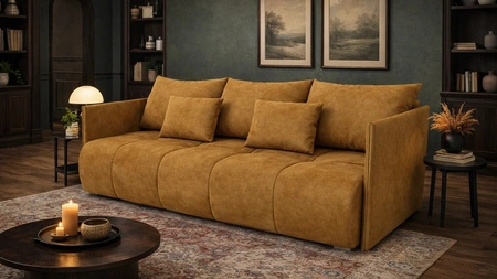 Sofa mit Schlaffunktion Selva honig funktionelles Wohnzimmersofa mit Bettzeugablage Samtstoff mit eleganter Struktur