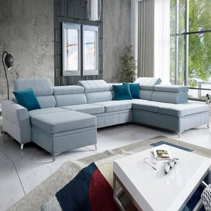 Ecksofa mit Schlaffunktion Rava VI blau links Praktisches und modernes Ecksofa mit Multifunktionslampe