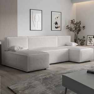 Ecksofa mit Schlaffunktion Brandon U elfenbeinfarbener Bettkasten dreidimensionaler Stoff mit ausdrucksstarken Streifen