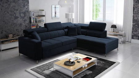 Nausa III Ecksofa mit Schlaffunktion marineblau rechts Samt stilvolles bequemes Ecksofa verstellbare Kopfstützen Bettzeugcontainer