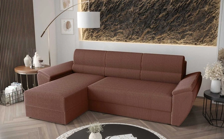 Ecksofa mit Schlaffunktion Fogu II Indian pink linke Seite stilvolles Ecksofa mit bequemen Armlehnen und Bettzeugcontainer