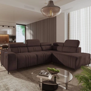 Ecksofa mit Schlaffunktion Castel VII braun rechtsseitig stilvolles Ecksofa mit Bettzeugablage und verstellbaren Kopfstützen