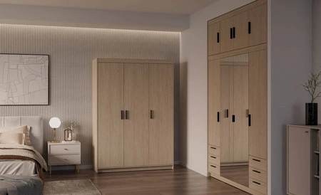 Kleiderschrank Rene 133 cm Eiche geölt Stilvoller Schlafzimmerschrank mit schlichtem klassischem Design Kontrastreiche schwarze Griffe