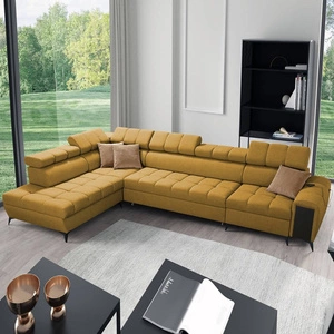 Ecksofa mit Schlaffunktion Bolmso XI Senf linke Seite stilvolles Design Ecksofa mit Schublade und Bettzeugkästen