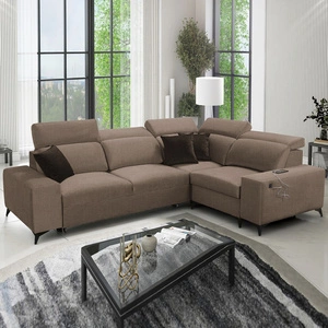 Ecksofa mit Schlaffunktion Kelly Sleek II hellbraun rechts elegantes Ecksofa für Wohnzimmer aus strapazierfähigem Webstoff
