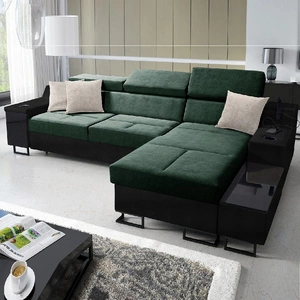 Ecksofa mit Schlaffunktion Alcamo grün/schwarz rechts elegantes und stilvolles Ecksofa mit einer ausziehbaren praktischen Schublade an der Seite des Möbels