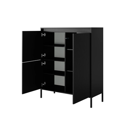 Sesti Möbel Set schwarz modernes und originelles Design Schrankwand interessante Kombination von Riffelung mit glatten Push-to-Open-Fronten