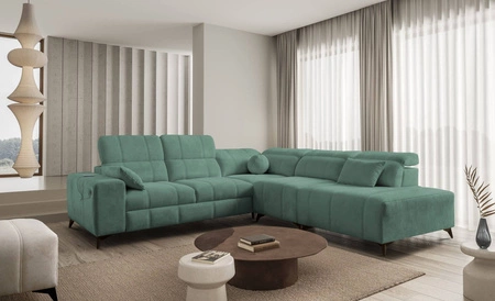 Ecksofa mit Schlaffunktion Penejos IX grün rechtsseitig stilvolles Ecksofa mit Bettzeugcontainern komfortable verstellbare Kopfstützen
