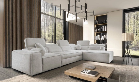 Ecksofa mit Schlaffunktion Viano XI grau Esche rechte Ecke trendig und stilvoll mit verstellbaren Kopfstützen Zierkissen