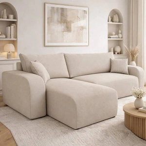 Ecksofa mit Schlaffunktion Fiesta hellbeige universal Ecksofa aus Stoff mit Plüschoberfläche Bettzeugcontainer