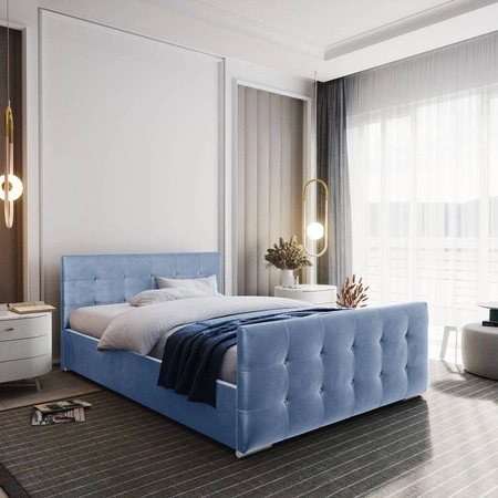 Polsterbett Alford 140x200 blau mit Staukasten im modernen skandinavischen Stil mit gestepptem Kopf- und Fußteil mit Kristallen besetzt