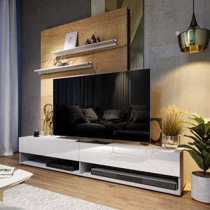 RTV-Schrank Nea 180 cm weiß / weiß glänzend mit Aufhängung und Einlegeböden stilvolles Design, das zu jeder Einrichtung passt