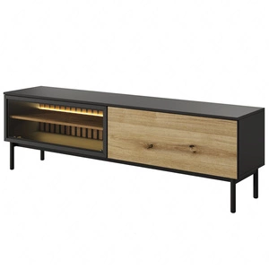 RTV Clovis 180 cm schwarz / Eiche evoke praktischen und stilvollen Schrank mit Glasfront mit LED-Beleuchtung bereichert