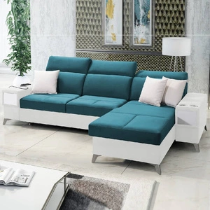 Ecksofa mit Schlaffunktion Elgin türkis / weiß rechtes Ecksofa mit verstellbaren Kopfstützen praktische Schubladen in den Möbelseiten