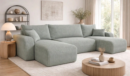 Ecksofa mit Schlaffunktion Fiesta U hellgrau stilvolles Ecksofa mit interessanter Form strapazierfähiger Kordstoff Bettkasten